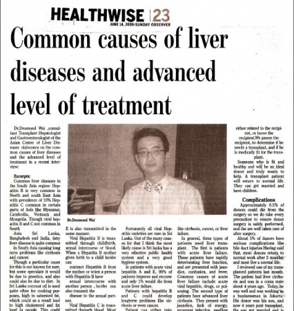 Sri Lanka, Sunday Observer, 14 Jun 09 - Common causes of liver diseases and advanced level of treatment.